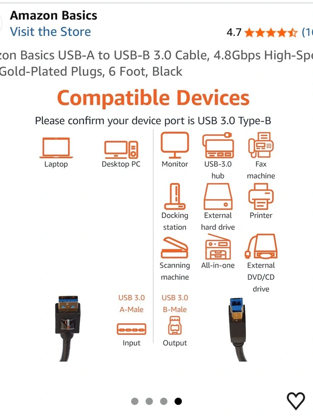Black USB-A to USB-B 3.0 Cable, 6 ft